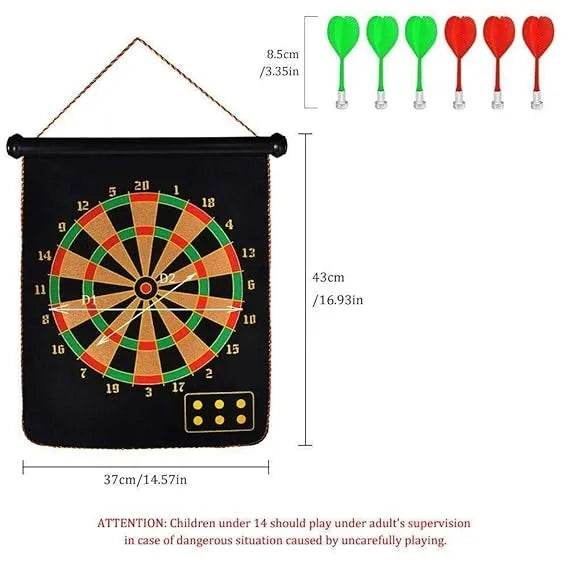 Magnetic dartboard in black with colorful target design for kids aged 6 and up