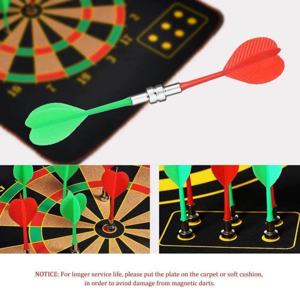 Magnetic dartboard with green and red darts for safe play, suitable for all ages