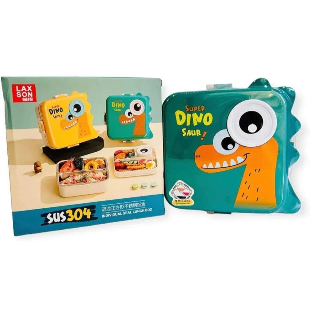 DEEDECORWAVE Dino Shaped Lunch Box | Stainless Steel Insulated Bento Box | Leakproof Lunch Box with Sauce Cup & Spoon for Kids | Cute