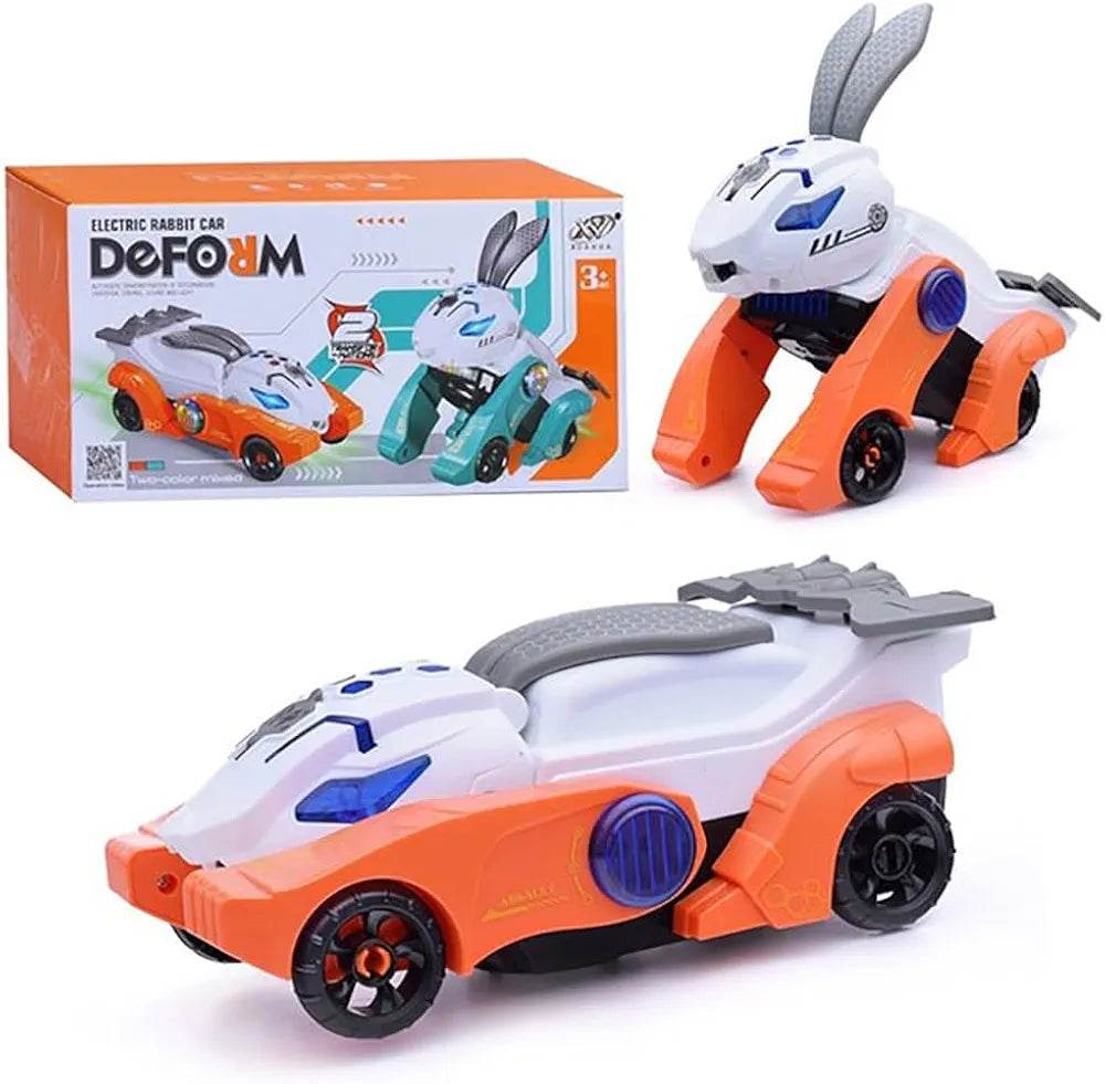 T-REX deform electric rabbit transformer car toy in both rabbit and car forms with white and orange colors