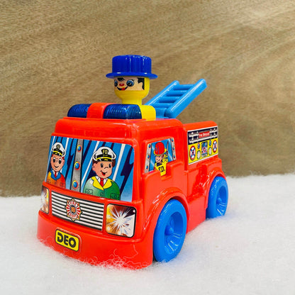 Bright red push and go fire truck toy with blue wheels and smiling firefighter figure on top
