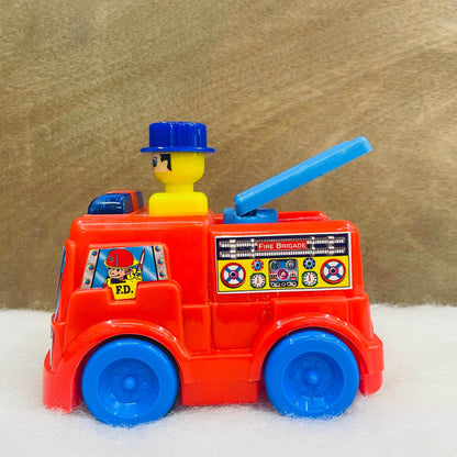 Red and blue push and go fire truck toy with a firefighter figure and extendable ladder