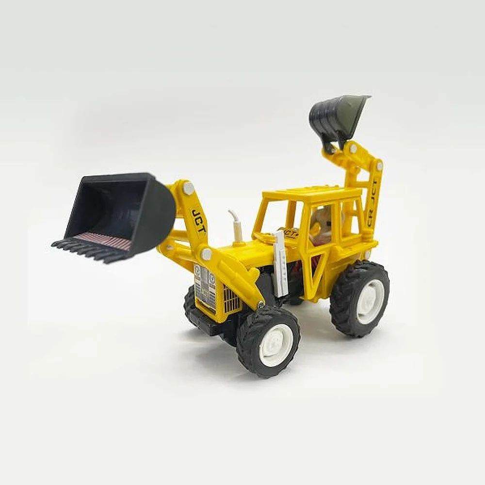 Yellow pull back action construction vehicle toy with black scoops and large wheels