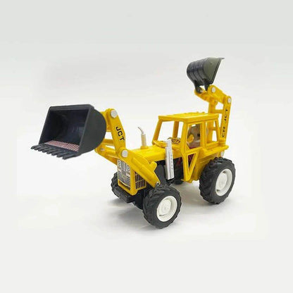 Yellow pull back action construction vehicle toy with black scoops and large wheels