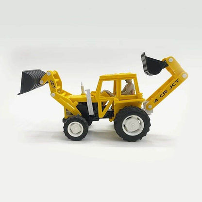 Yellow pull back action construction vehicle toy with black scoops and detailed cabin