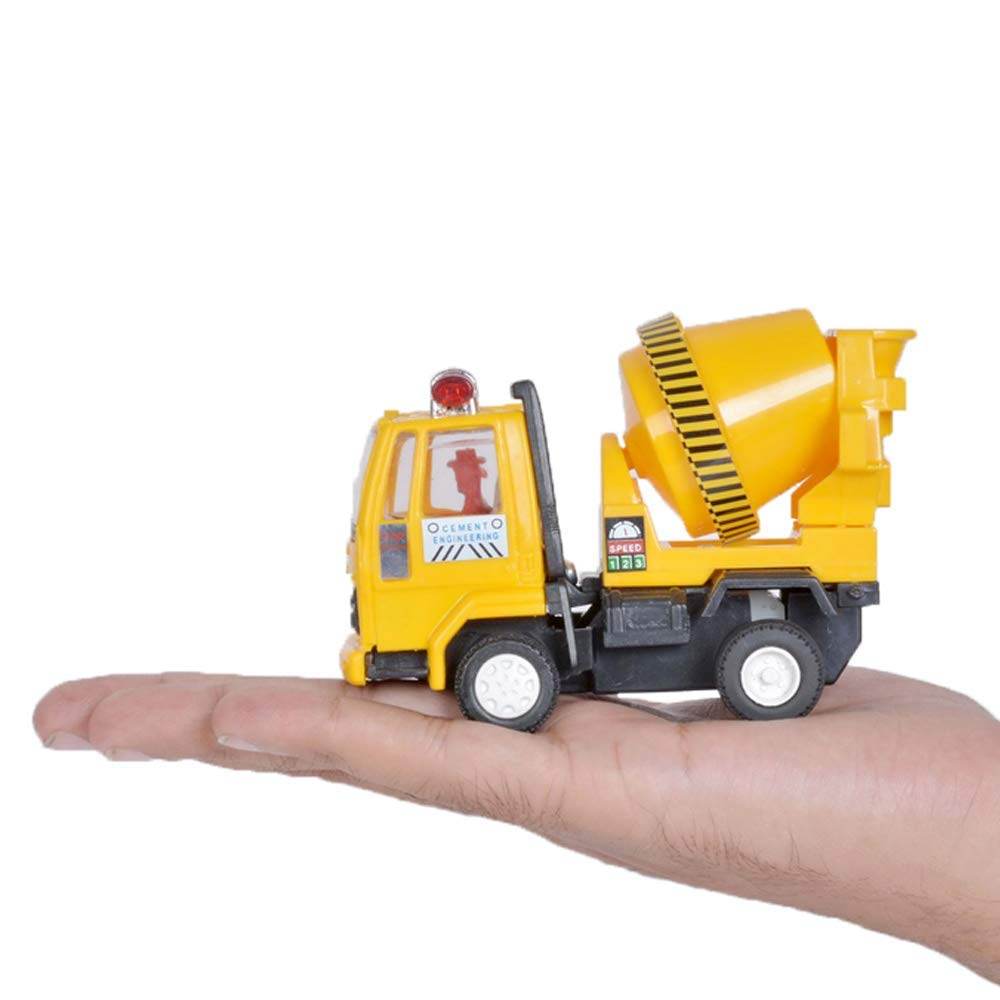 Yellow pull back concrete mixer toy on a hand showing its compact size and detailed design