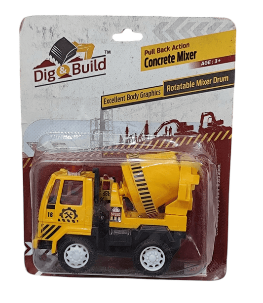 Yellow pull back concrete mixer toy with rotatable mixer drum in clear packaging by T-Rex the toyland Sitamarhi