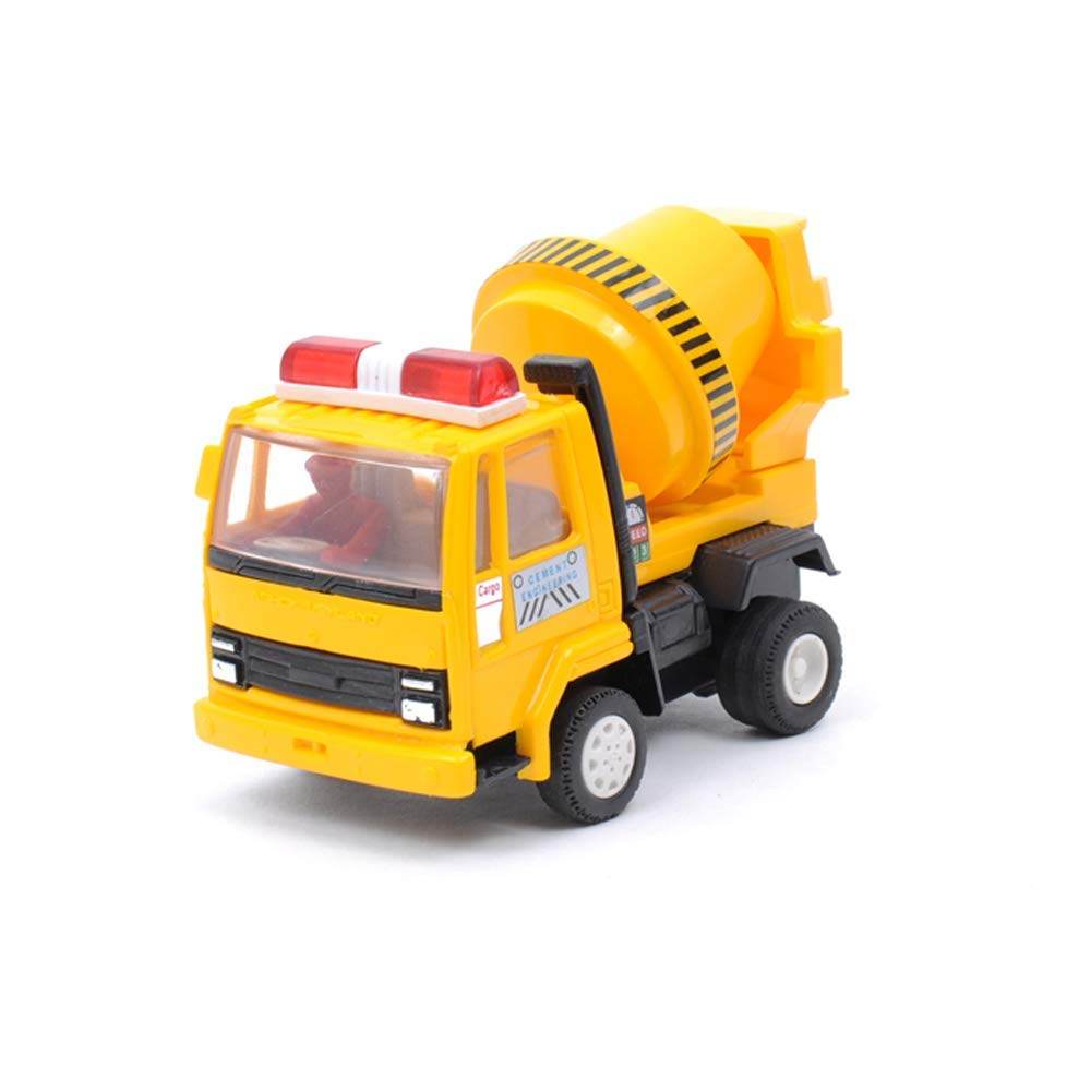 Yellow pull back concrete mixer toy with red emergency light and rotating drum for kids