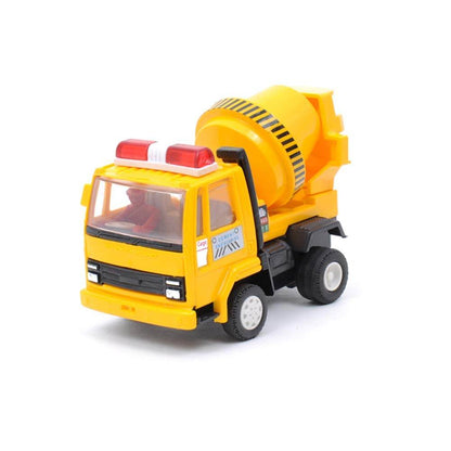 Yellow pull back concrete mixer toy with red emergency light and rotating drum for kids