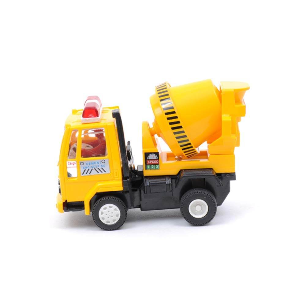Yellow pull back concrete mixer toy with rotating drum and detailed design for kids
