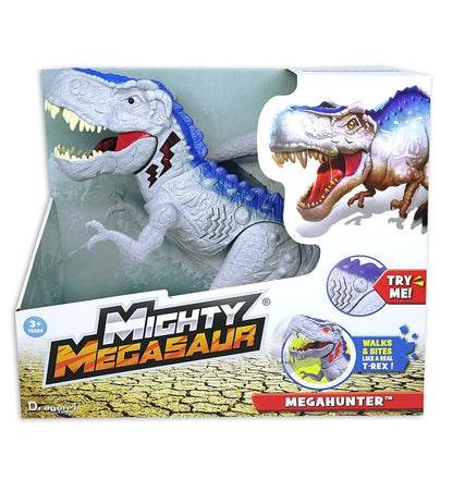 Mighty Megasaur dinosaur toy in gray with blue accents, features walking and biting action, for ages 3 and up