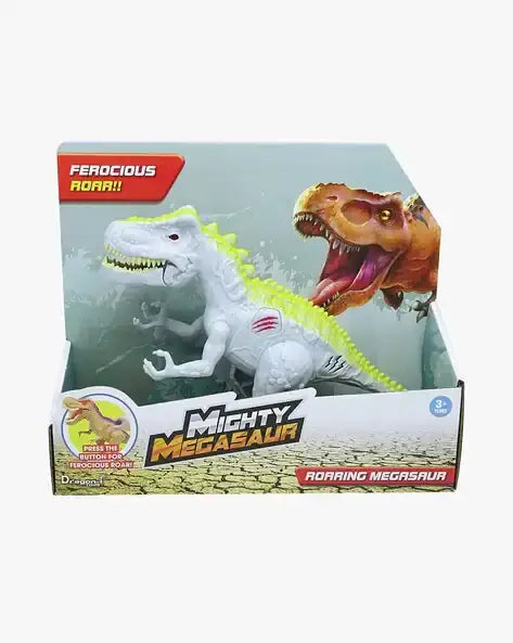 White dinosaur toy with roaring sound features for kids aged 3 and up