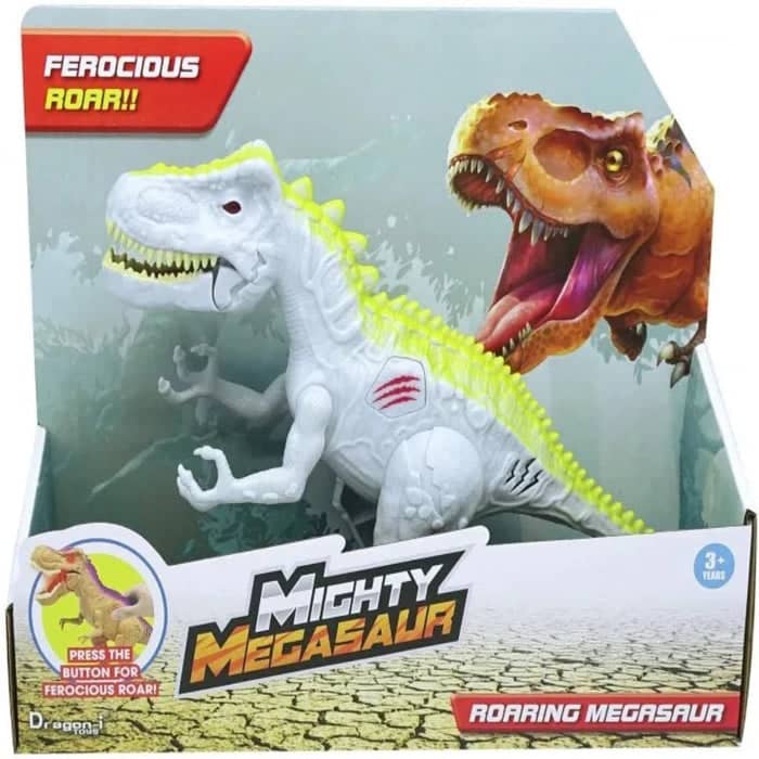 White roaring dinosaur toy for ages 3 and up, featuring ferocious sounds and interactive action