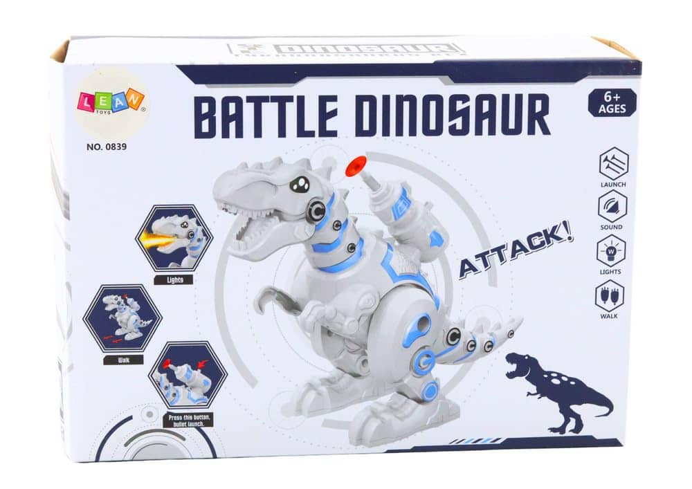 White battle dinosaur toy with lights and sound effects for kids aged 6 and up