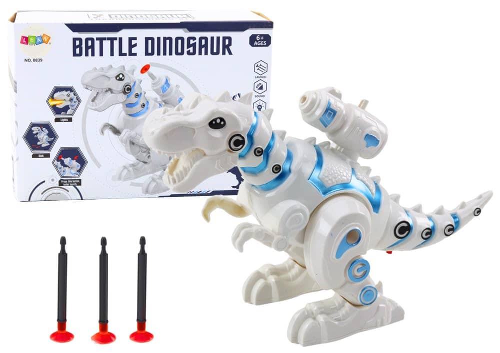 White battle dinosaur toy with firing action and suction darts for ages 6 and up