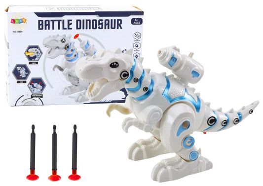 White battle dinosaur toy with firing action and suction darts for ages 6 and up