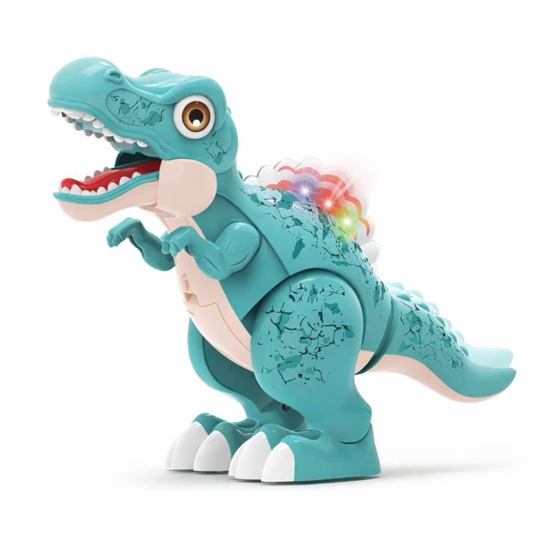 Turquoise dinosaur toy for kids, featuring lights and sound, suitable for ages 3 and up