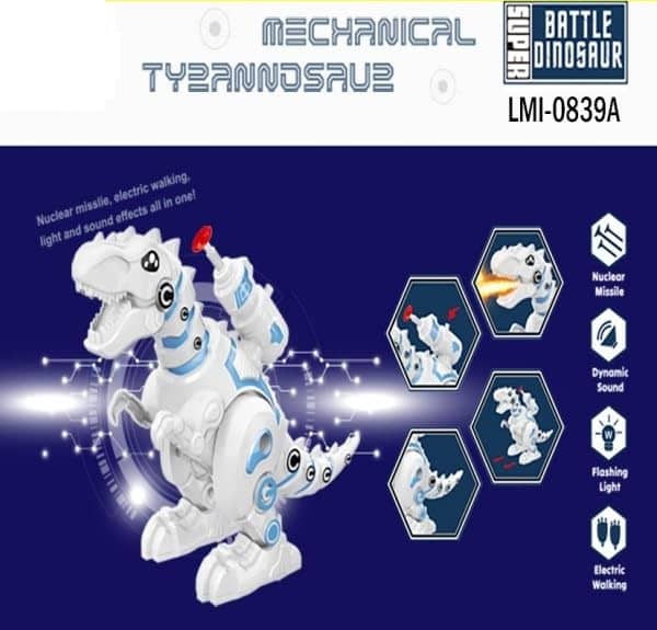 Mechanical dinosaur toy in white with light and sound effects for kids aged 3-8 years