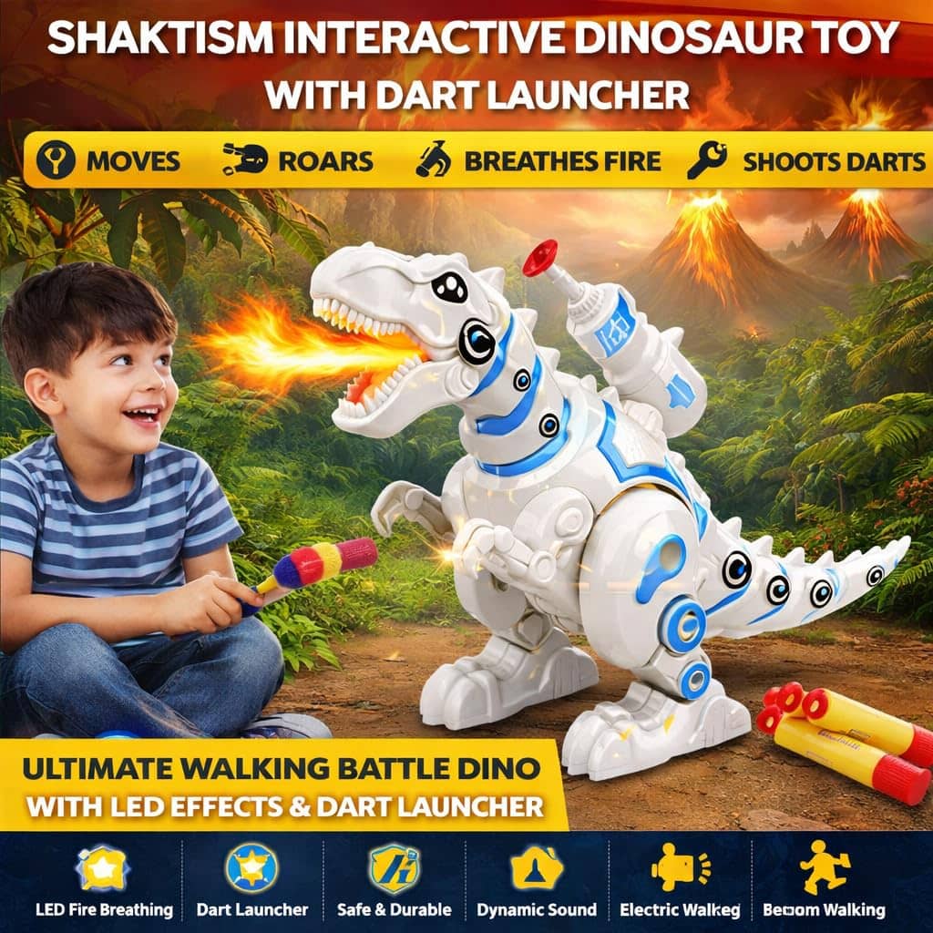 White and blue interactive dinosaur toy with dart launcher and LED effects for ages 4 and up