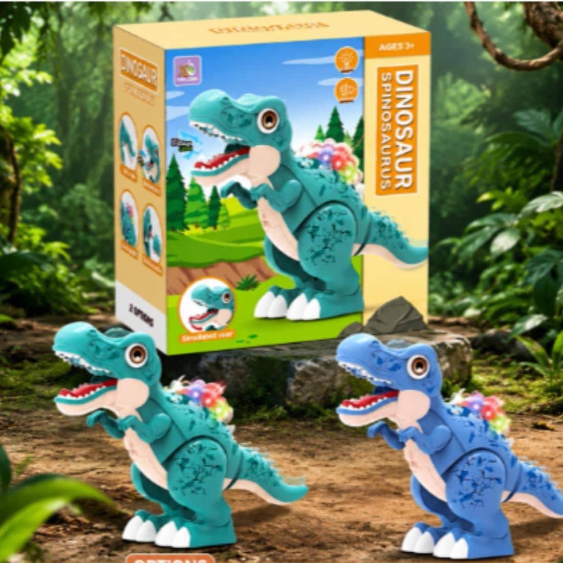 Blue dinosaur toy with movable parts suitable for ages 3 and up, featuring a Spinosaurus design.