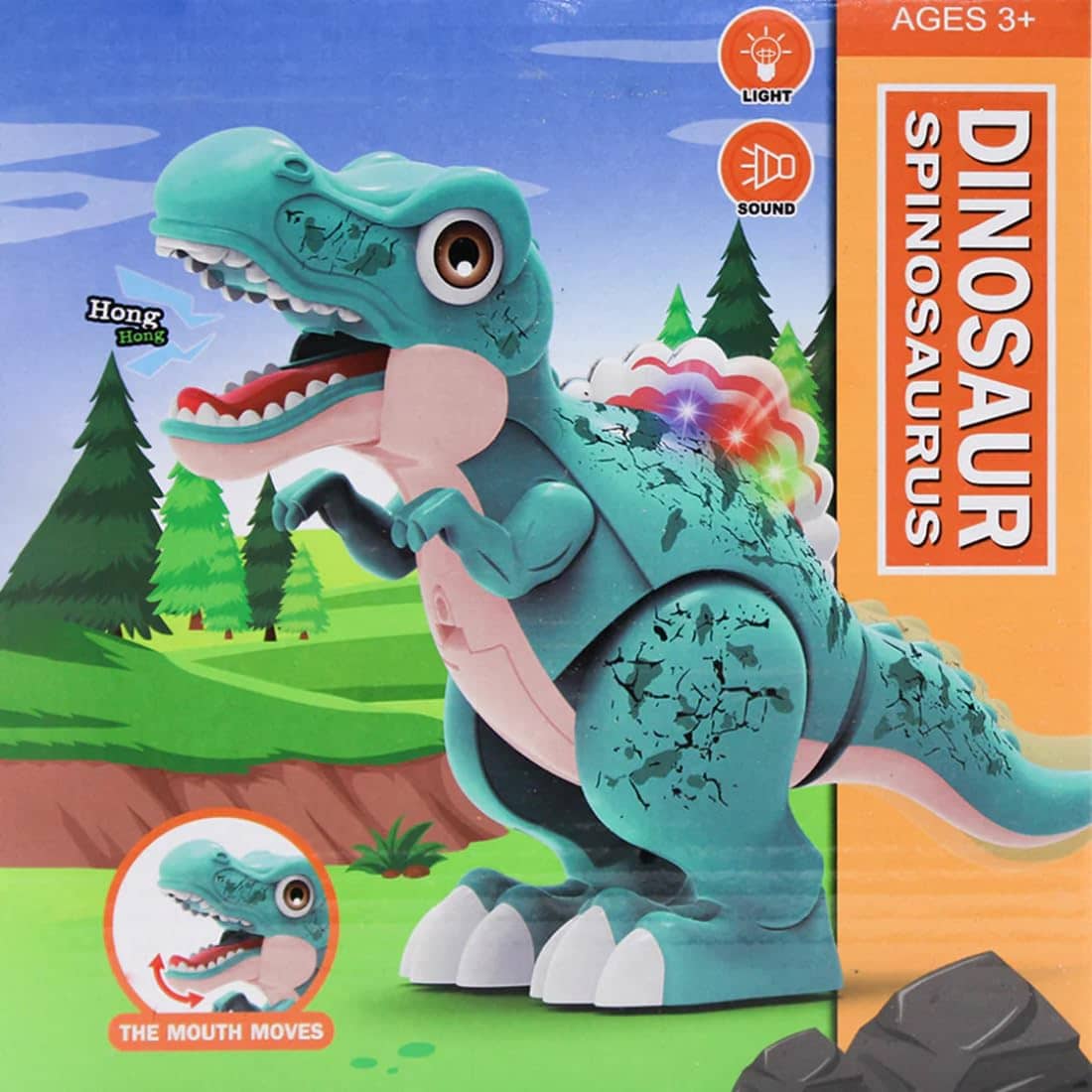 Blue Spinosaurus dinosaur toy with light and sound features for ages 3 and up