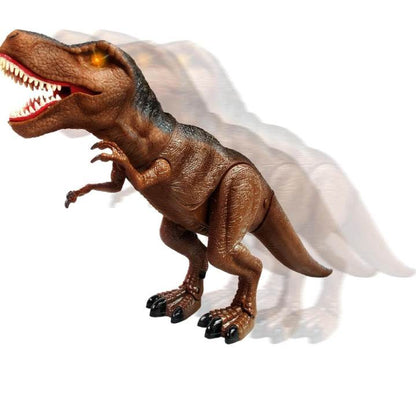 Brown dinosaur toy with movable limbs and roaring action for ages 4 and up