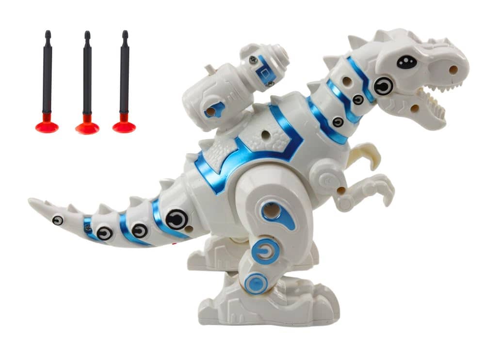White T-Rex dinosaur toy with blue accents, features roaring action, recommended for ages 3 and up