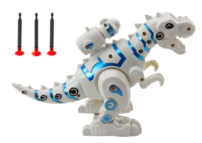 White T-Rex dinosaur toy with blue accents, features roaring action, recommended for ages 3 and up