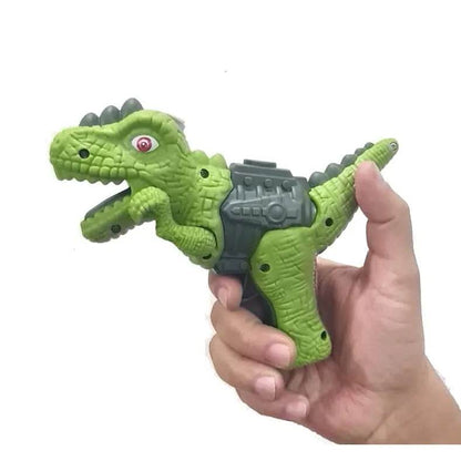 Green dinosaur machine gun toy for kids held in hand with detailed scales and mechanical features