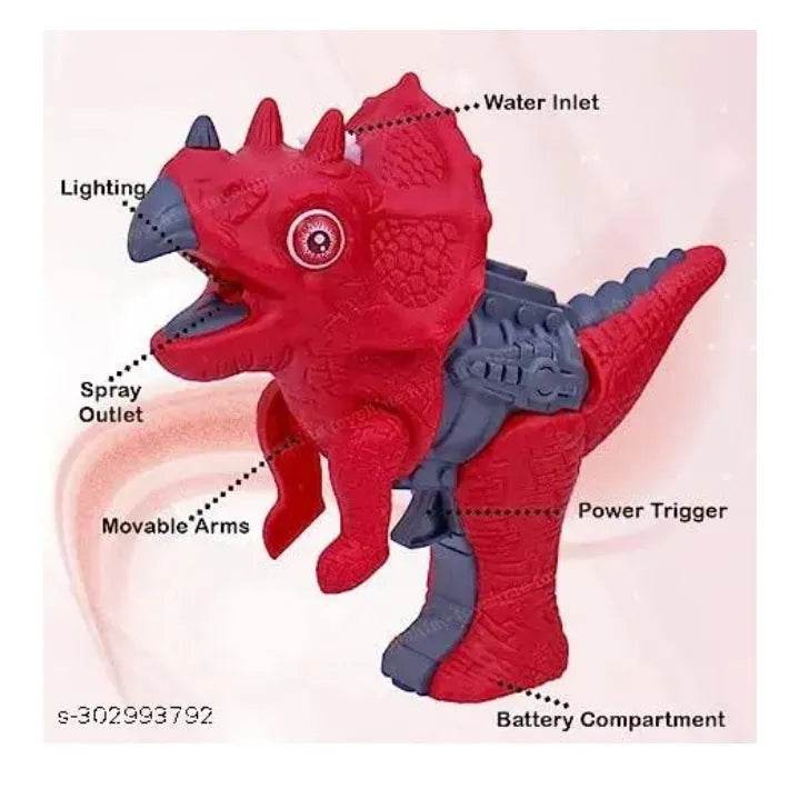 Red dinosaur machine gun toy for kids with movable arms, lighting, spray outlet, and battery compartment