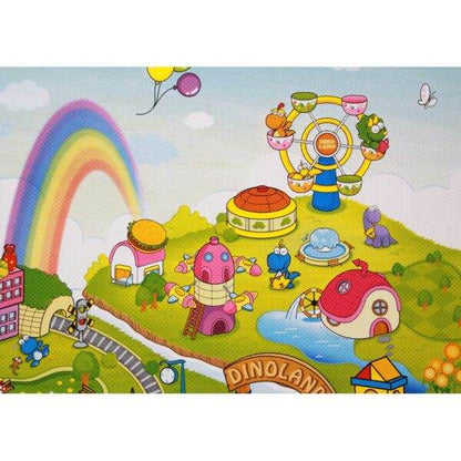 Colorful dinosaur play mat for kids featuring Dino Land with rainbow, Ferris wheel, and cute dinosaur characters
