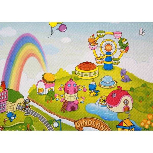 Colorful dinosaur play mat for kids featuring Dino Land with rainbow, Ferris wheel, and cute dinosaur characters