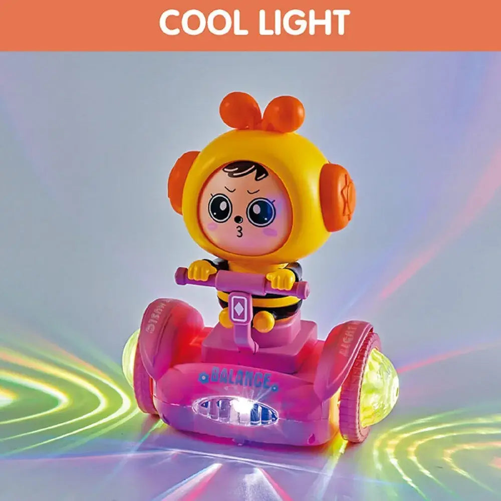 Bright pink dinosaur toy with lights for toddlers, featuring a playful character and balance action
