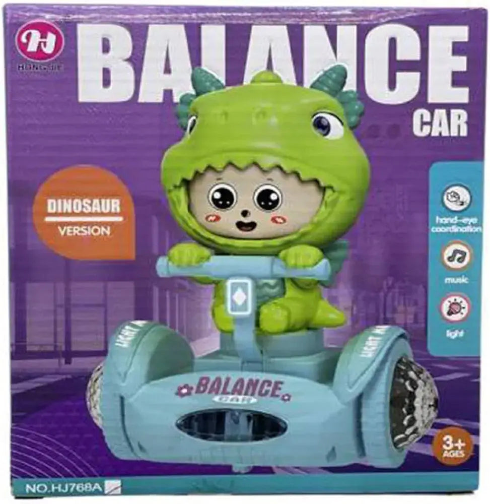 Blue balance car with dinosaur design for kids aged 3 years and up, featuring music and lights