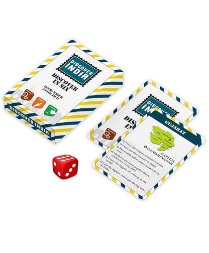 Educational board game Discover India for ages 8+ featuring cards and dice to explore india on map.