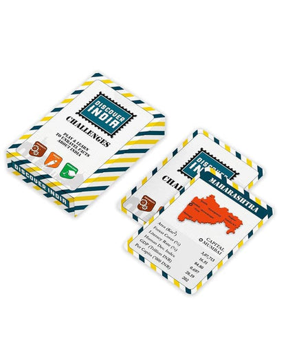 Discover India challenge cards featuring colorful India on map for educational fun