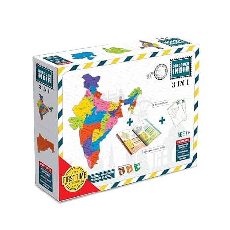 Colorful 3-in-1 puzzle of India on map for ages 7 and up, featuring educational activities