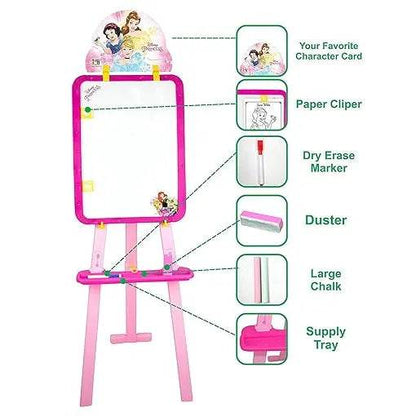 Pink 5 in 1 activity easel for children with dry erase marker, duster, chalk, paper clipper, and supply tray