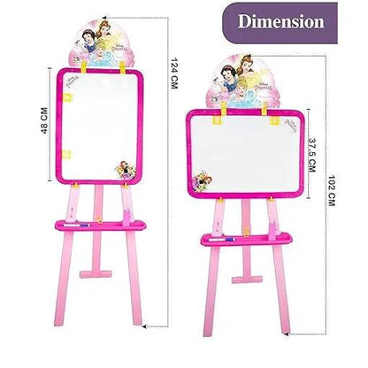5 in 1 activity easel for children with pink frame and Disney princess design showing whiteboard dimensions