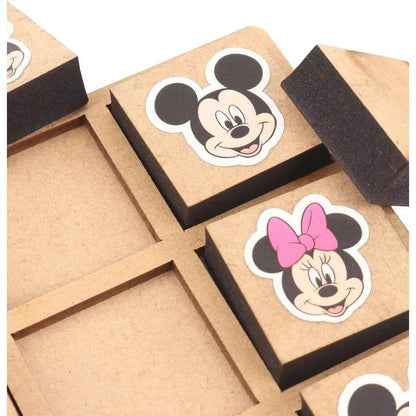 Disney cartoon tic tac toe game wooden board with Mickey and Minnie Mouse character pieces