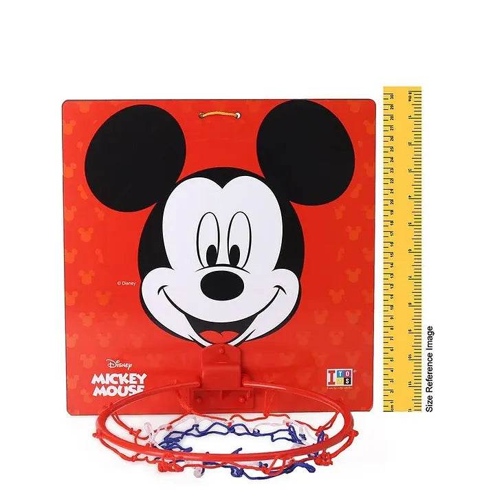 Red Mickey Mouse basketball hoop with colorful net for toddlers and kids
