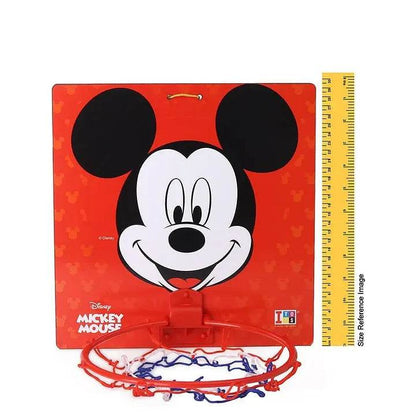 Red Mickey Mouse basketball hoop with colorful net for toddlers and kids