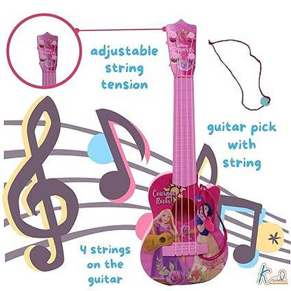 Pink Kriddaank guitar featuring Disney princess designs with four strings, ideal for young musicians