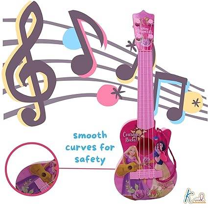 Pink Kriddaank guitar with Disney princess designs for young children, featuring smooth curves for safety