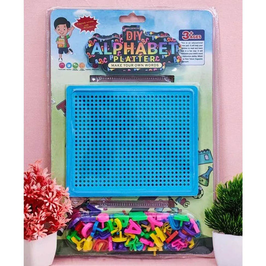 Blue DIY Alphabet Platter set for kids with colorful letters and dry erase easel board for creative play