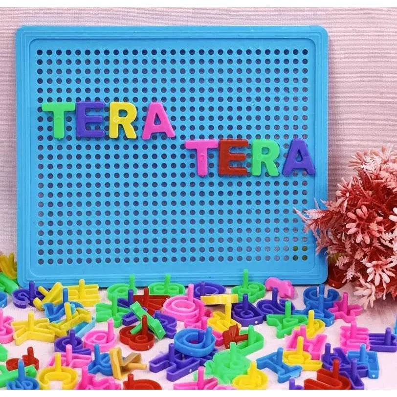Colorful alphabet platter with letter tiles for creative learning and play using a dry erase easel board