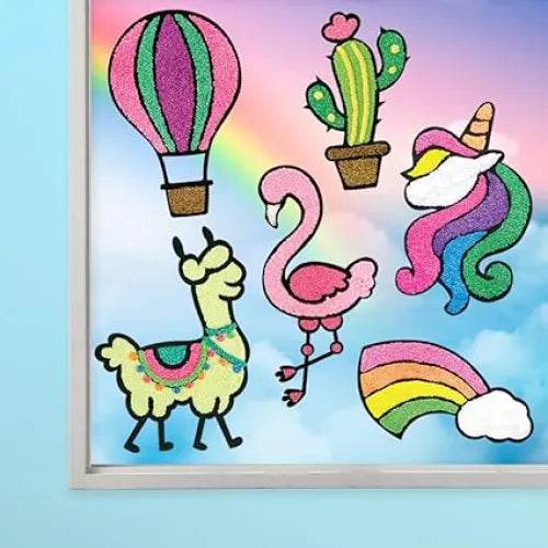 Colorful DIY patio set decorations featuring a rainbow, unicorn, llama, flamingo, and cactus