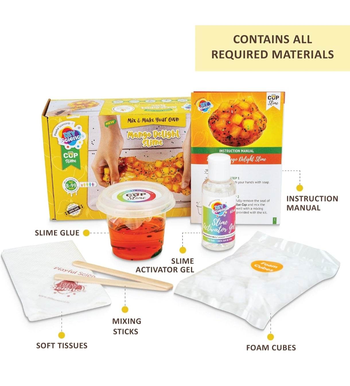 Fun orange kit a slime with mixing sticks, foam cubes, and instruction manual for all ages