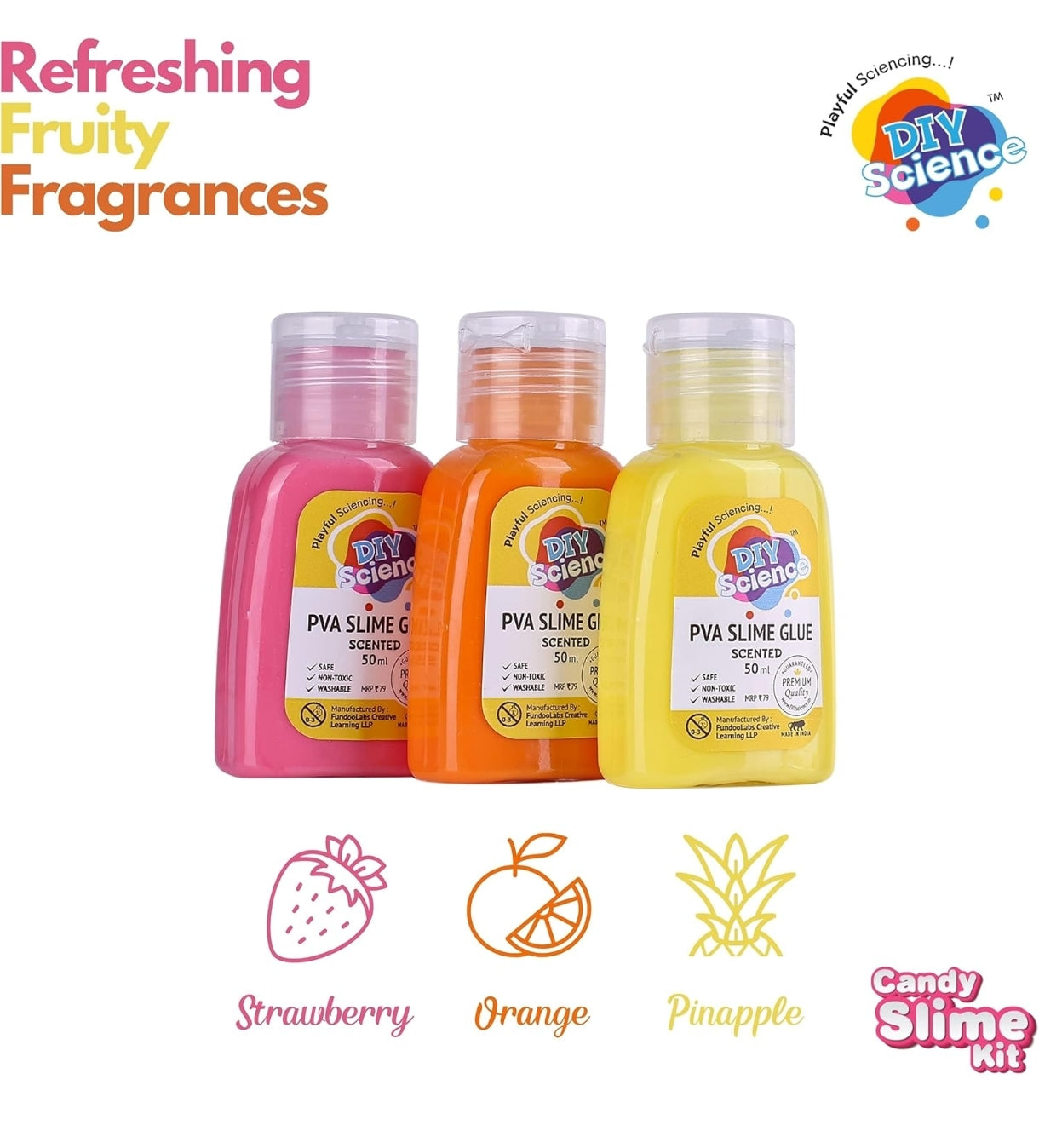 DIY Science kit for slime with fruity scented glue in pink, orange, and yellow for creative kids