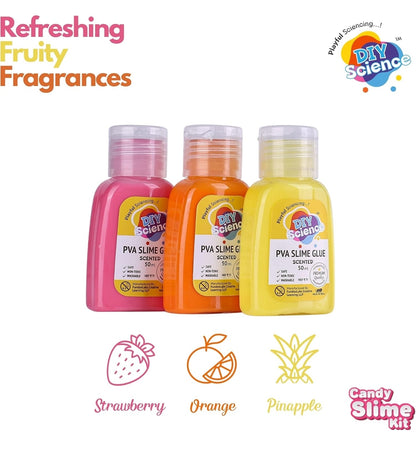 DIY Science kit for slime with fruity scented glue in pink, orange, and yellow for creative kids